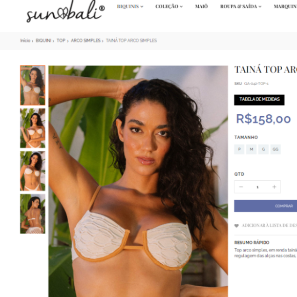 Rafaella Justus escolheu conjunto da Sun Bali Beach com um biquíni de arco simples, uma calcinha semi asa-delta e uma saia longa de renda