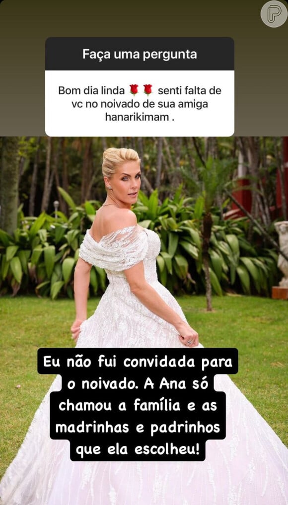 Questionada sobre o assunto nas redes sociais, Ticiane Pinheiro revelou não ter sido convidada para a festa de Ana Hickmann por não ser madrinha