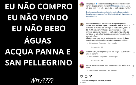 Erick Jacquin publicou a seguinte imagem em seu Instagram criticando as marcas