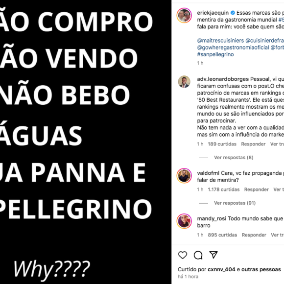 Erick Jacquin publicou a seguinte imagem em seu Instagram criticando as marcas