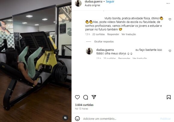 Namorada de Benício Huck, Duda Guerra foi criticada por postar foto de treino e 'cobrada' para incentivar seguidores a estudarem