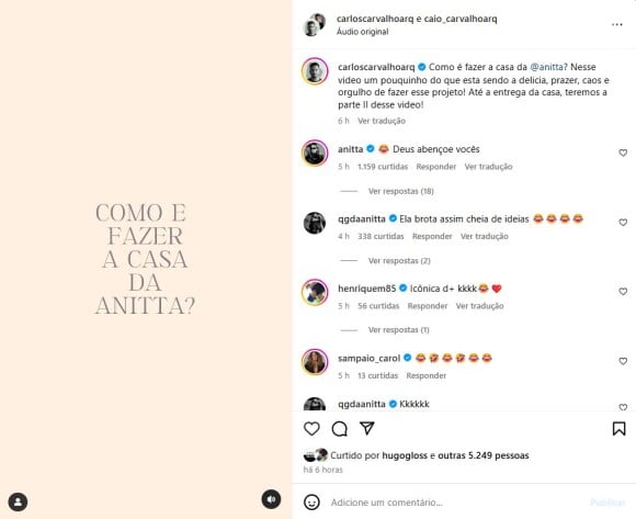 O arquiteto contratado por Anitta mostrou áudios que recebe da cantora