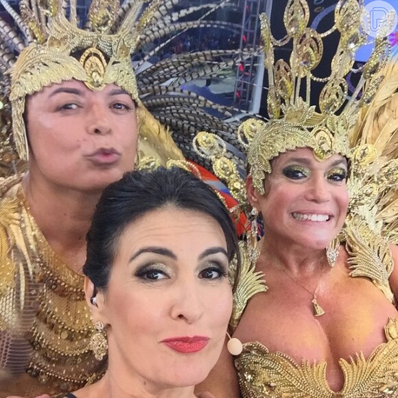 Fátima Bernardes apareceu em uma das imagens ao lado de Susana Vieira, rainha de bateria da Grande Rio, e David Brazil
