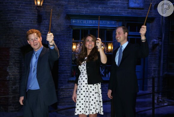 Harry, Kate e William brincam com varinhas mágicas do filme 'Harry Potter'