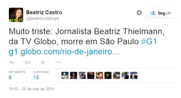 Beatriz Castro lamenta a morte da jornalista Beatriz Thielmann