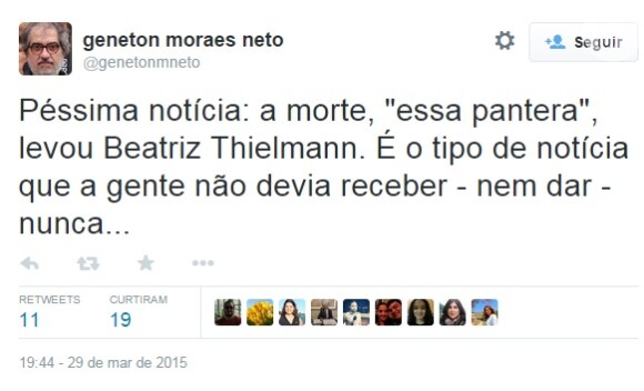 Geneton Moraes Neto também lamentou a perda da repórter da TV Globo