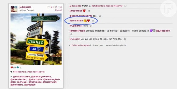 Juliana postou uma foto mostrando placas de Cannes e Henri Castelli comentou com uma 'carinha beijoqueira' e corações