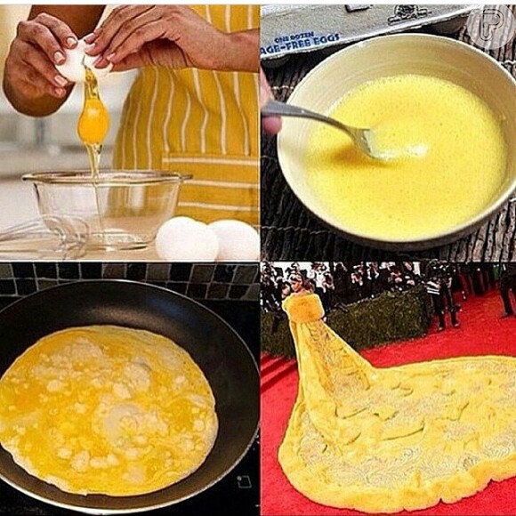 Internauras simulam o passo a passo de uma omelete para fazer brincadeira com o vestido de Rihanna
