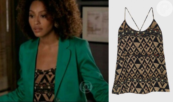 Para combinar com o blazer verde, Paula (Sheron Menezzes) optou por blusa com estampa étnica da Cantão (R$199,00)
