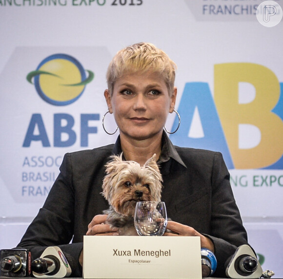 Xuxa na abertura de evento em São Paulo acompanhada de Eduardo, seu cãozinho da raça yorkshire