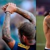 David Beckham tem os braços tatuados, além de vários outros desenhos pelo corpo, como um anjo nas costas