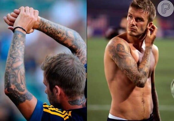 David Beckham tem os braços tatuados, além de vários outros desenhos pelo corpo, como um anjo nas costas