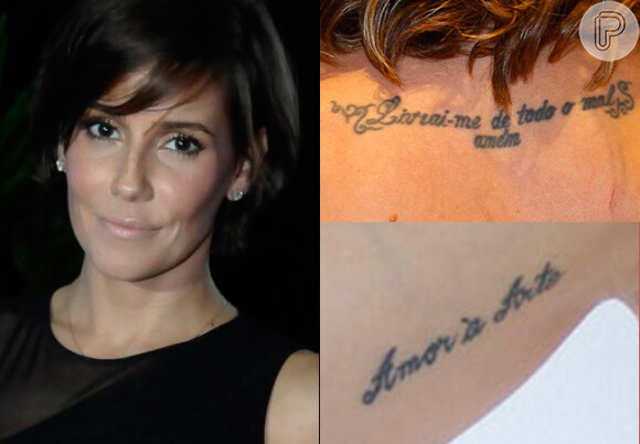 Deborah Secco tem tatuada a frase 'Livrai-me de todo o mal, amém' nas costas e 'Amor à arte' no braço direito