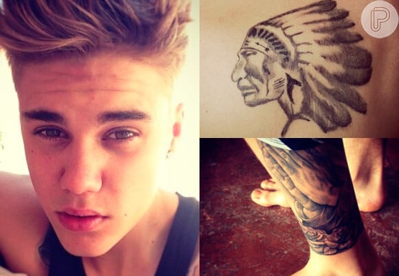 Justin Bieber tem na panturilha um desenho de mãos em sinal de prece e um índio no ombro esquerdo, além de outras tatuagens