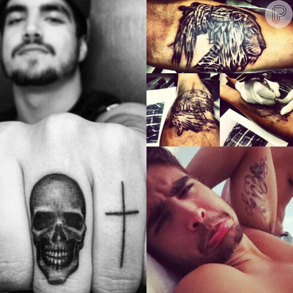 Caio Castro tem várias tatuagens. A caveira e a cruz nos dedos, e o leão rasta são algumas delas