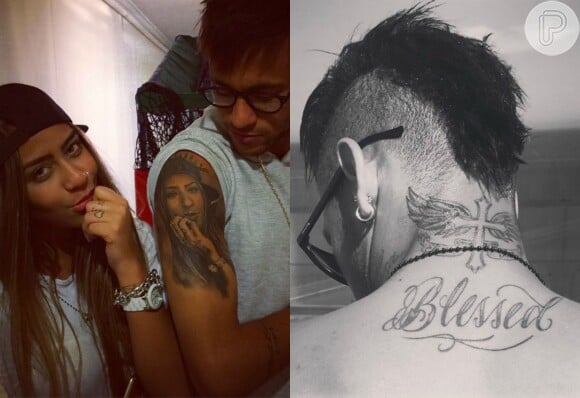 Neymar desenhou o rosto da irmã, Rafaella Santos, recentemente, assim como uma cruz com asas tatuada na nuca
