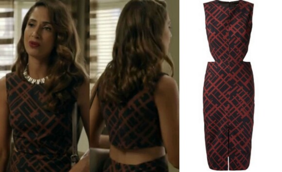 Este vestido usado por Regina na novela é da grife Andrea Marques. A peça não está mais disponível, mas existem outros modelos com a mesma estampa