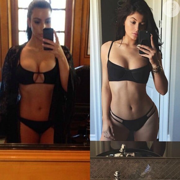 Kim Kardashian e Kylie Jenner também costumam publicar fotos parecidas, como essa em que aparecem de biquíni em frente ao espelho