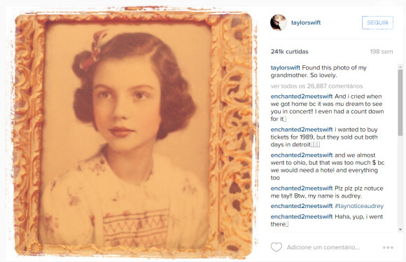 Em seu primeiro post no Instagram, Taylor Swift mostrou uma foto da sua avó, na infância. A cantora publicou a imagem em 26 de outubro de 2011