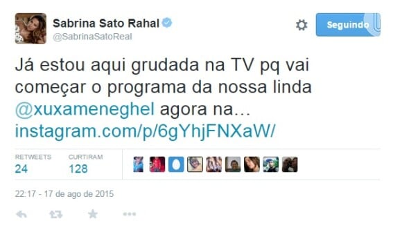 Sabrina Sato deixou mensagem para Xuxa através de seu Twitter: 'Grudada na TV'