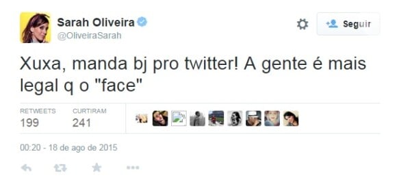 Sarah Oliveira brincou com relação a estreia de Xuxa na TV Record