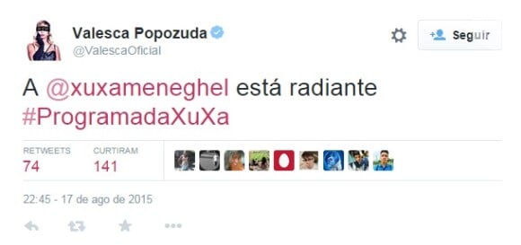 Valesca Popozuda elogiou Xuxa, que estreou seu programa na TV Record, nesta segunda-feira, 17 de agosto de 2015