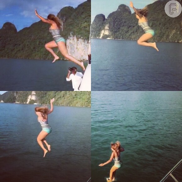 Divertida, Beyoncé adora curtir o mar nas férias. A artista compartilhou fotos de seu salto no Instagram