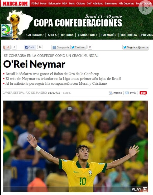 Neymar foi o destaque da Copa da Confederações e ganhou as páginas dos jornais espanhóis