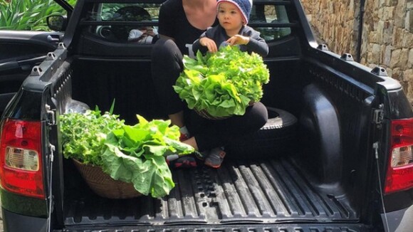 Ana Hickmann colhe verduras de sua horta com filho: 'Brincando de fazer feira'