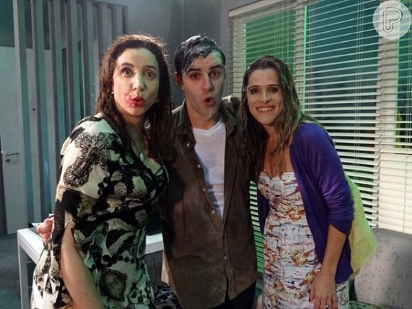 Marisa Orth, Ingrid Guimarães e Rodrigo Lopez se divertem na gravação da cena de 'Sangue Bom'