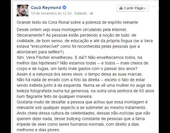Vera Fischer foi defendida por Cauã Reymond, que compartilhou artigo da jornalista Cora Ronai
