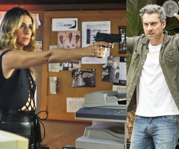 Atena (Giovanna Antonelli) ameaça atirar em Romero (Alexandre Nero) para evitar que ele volte para Paraty e salve Tóia (Vanessa Giácomo), na novela 'A Regra do Jogo'