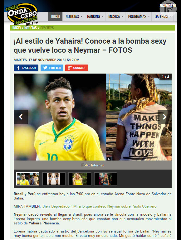 Possível romance de Lorena e Neymar repercute em sites internacionais