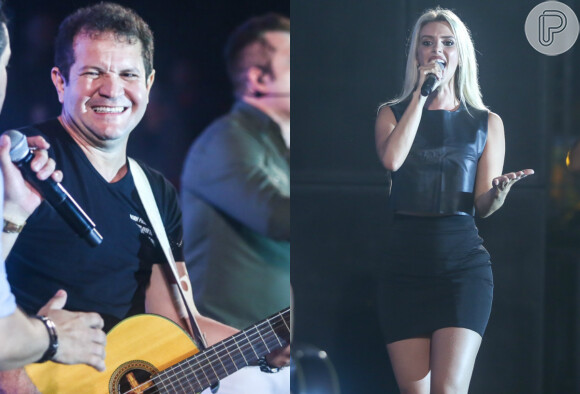 Com Thábata Mendes, a substituta de Joelma na Banda Calypso, Chimbinha subiu ao palco do show de Bruno & Marron em festival no Pará, na noite da última sexta, 20 de novembro de 2015