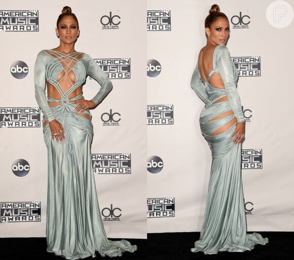 Um dos vestidos usados por Jennifer Lopez, com recortes estratégicos e de corda, foi assinado por Charbel Zoe