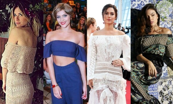 As atrizes Giovanna Ewbank, Isabella Santoni, Thaila Ayala e Isis Valverde  são algumas das celebridades adeptas aos looks com o decote ombro a ombro
