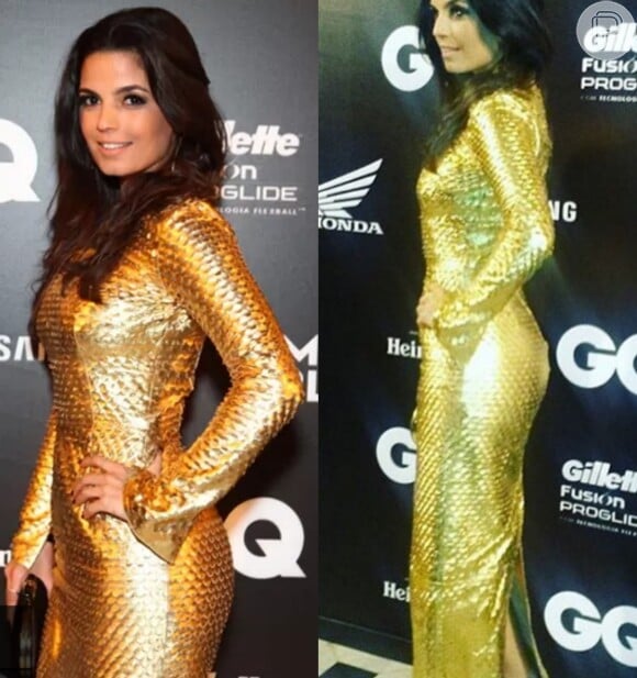 Emanuelle Araújo fugiu do preto, cor preferida das celebridades, e apostou no vestido dourado de Patricia Viera