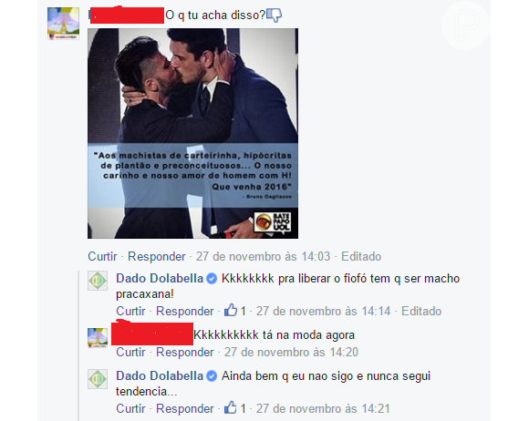 Dado Dolabella debochou do beijo entre Bruno Gagliasso e João Vicente de Castro, nesta segunda-feira, 30 de novembro de 2015