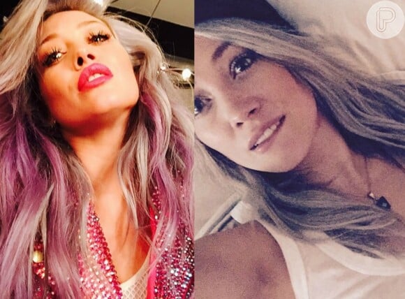 Já sem os fios verdes, Hilary Duff trocou as pontas cor-de-rosa por mechas loiras, em abril