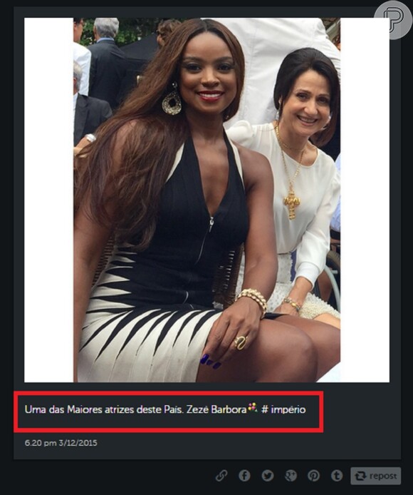 Cris Vianna cometeu gafe e errou nome da amiga da novela 'Império' Zeze Polessa em post no Instagram: 'Uma das maiores atrizes deste país, Zezé Barbora'