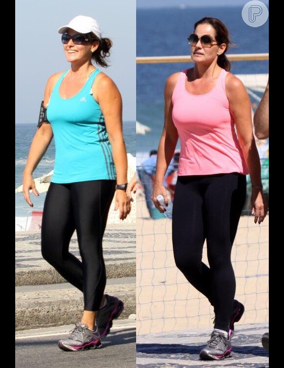 Renata Ceribelli caminha na orla de Ipanema visivelmente mais magra. À esquerda, foto da apresentadora em julho de 2013 e à direita, em agosto de 2013