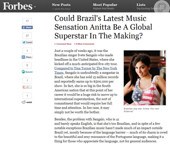 Anitta ganha destaque na revista 'Forbes'. A cantora é citada como a nova sensação da música nacional