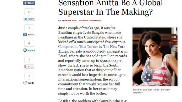 Revista 'Forbes' afirma sobre Anitta: 'A nova sensação da música'