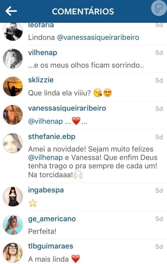 Em outra foto, Paulinho escreveu '... e os meus olhos ficam sorrindo', ganhando um coração de Vanessa como resposta
