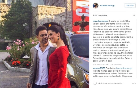 Zezé Di Camargo desabafa após críticas a seu namoro com Graciele Lacerda, em 23 de abril de 2016