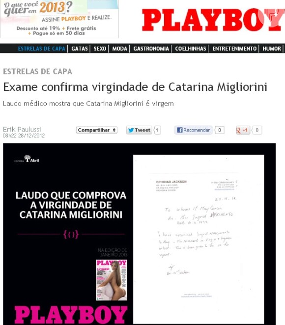 Catarina Migliorini precisou passar por um exame médico para comprovar a virgindade