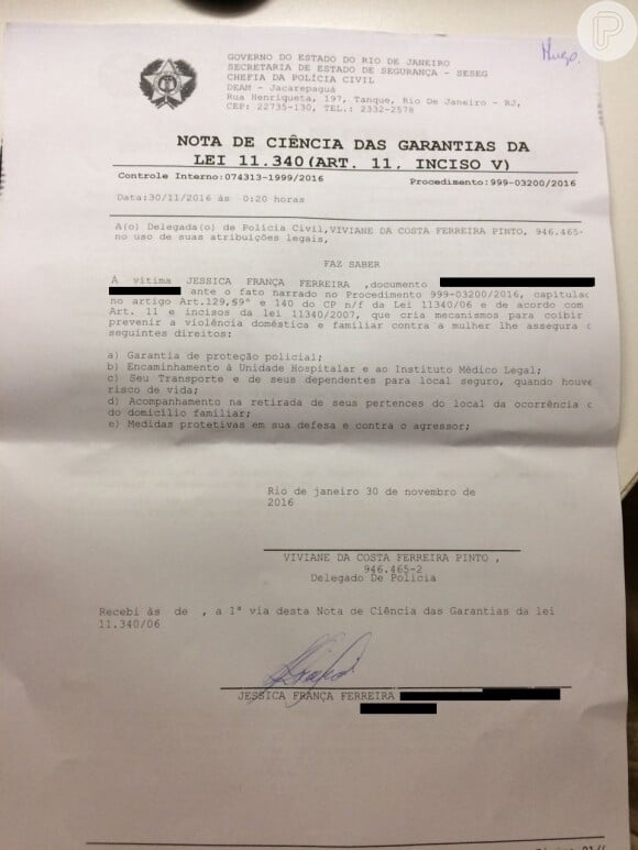 Documento obtido pelo Purepeople mostra que Jéssica França pediu proteção contra Hugo Gross após supostas agressões