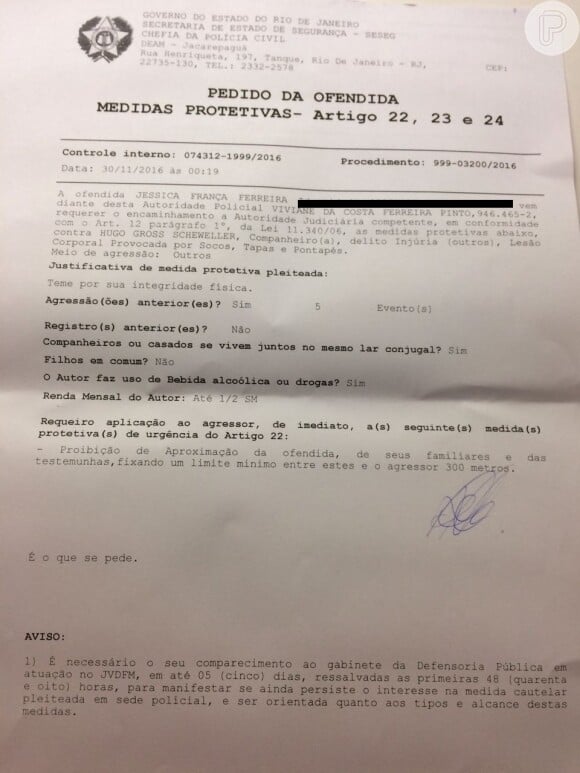 Documento obtido pelo Purepeople aponta que Jéssica França acusou Hugo Gross de agressões anteriores
