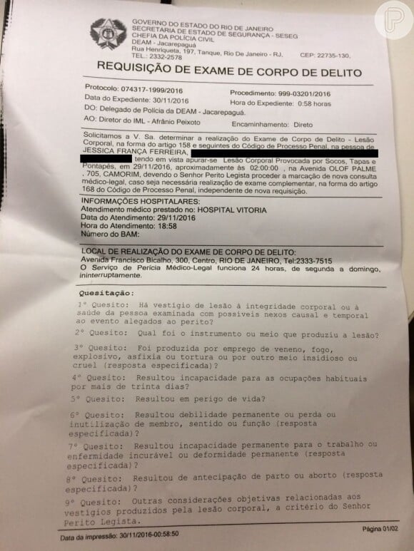 Documento obtido pelo Purepeople mostra o pedido de exame de corpo de delito de Jéssica França