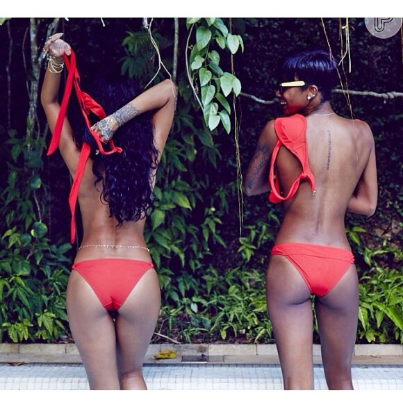 Rihanna tira a parte de cima do biquíni junto com uma amiga, em 23 de janeiro de 2014